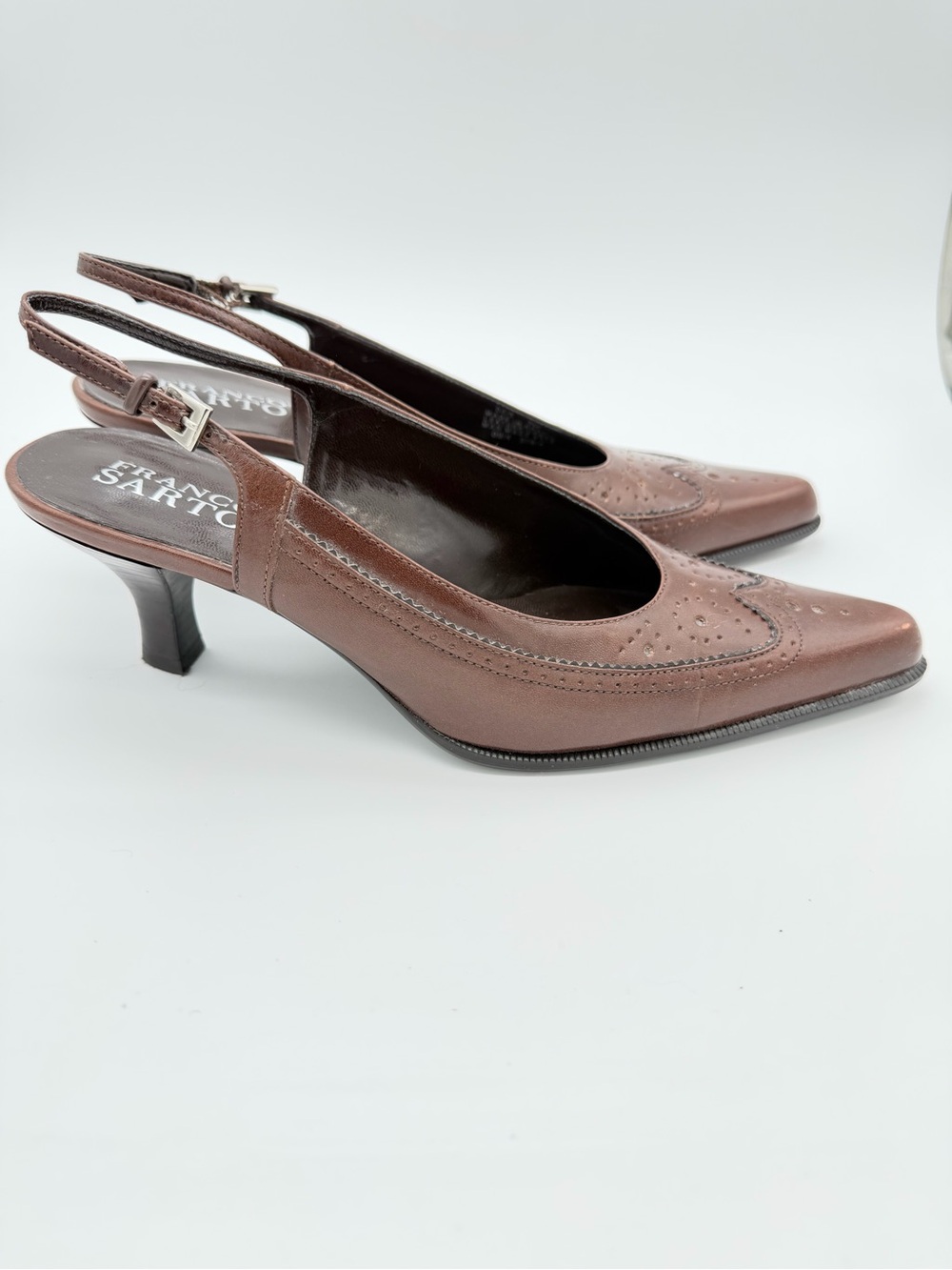 Franco Sarto Brown Leather Wingtip Slingback Pumps – Size 7M - Picture 3 of 10